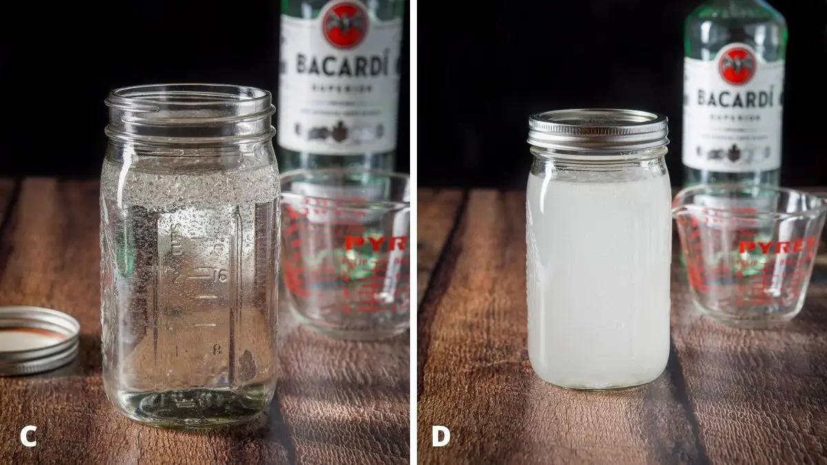 Left - coconut oil poured into the jar of rum with the glass and bottle in the back. Right - the jar with rum and coconut oil capped and shaken