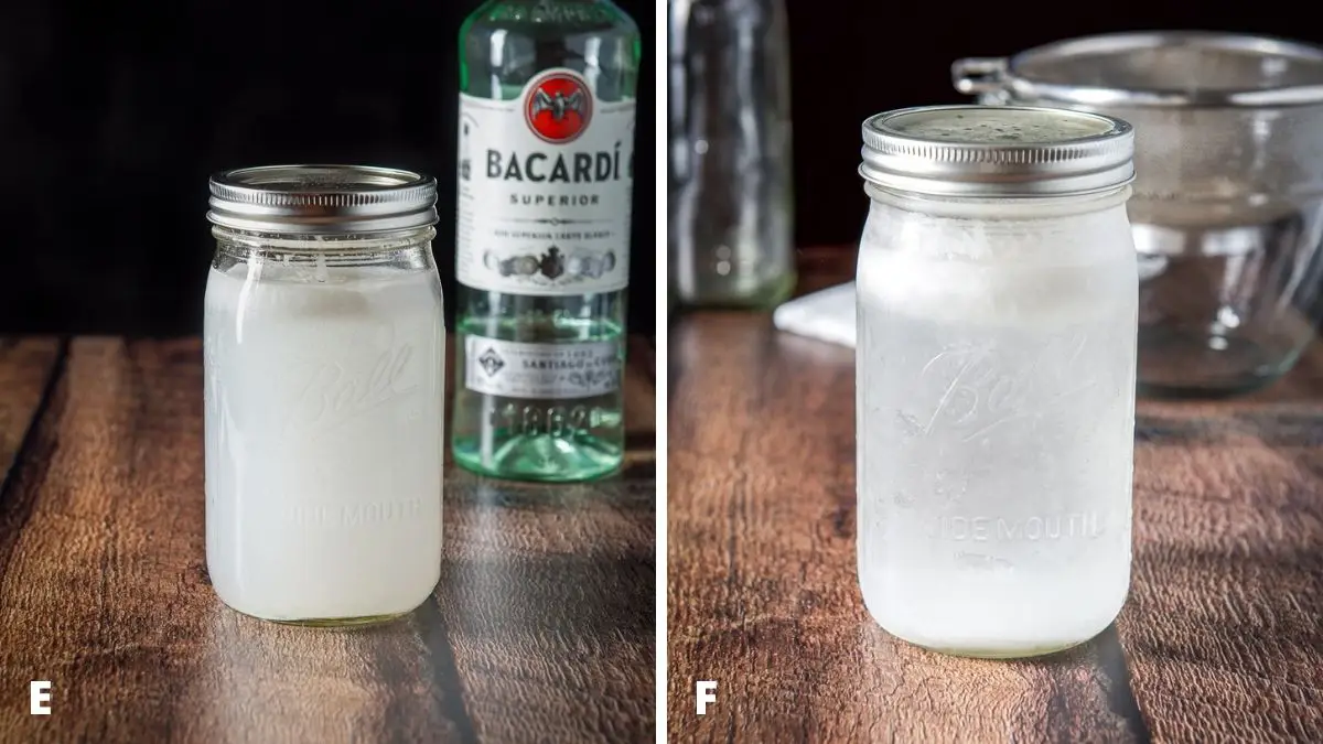 Left - capped jar with rum and oil that has sat on the counter for hours. Right - jar of coconut rum fresh out of the freezer