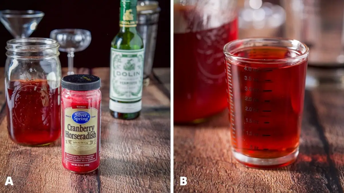 Left - Cranberry horseradish, cherry vodka, vermouth, glasses and shaker on the table. Right - cherry vodka measured with the jar of vodka in back