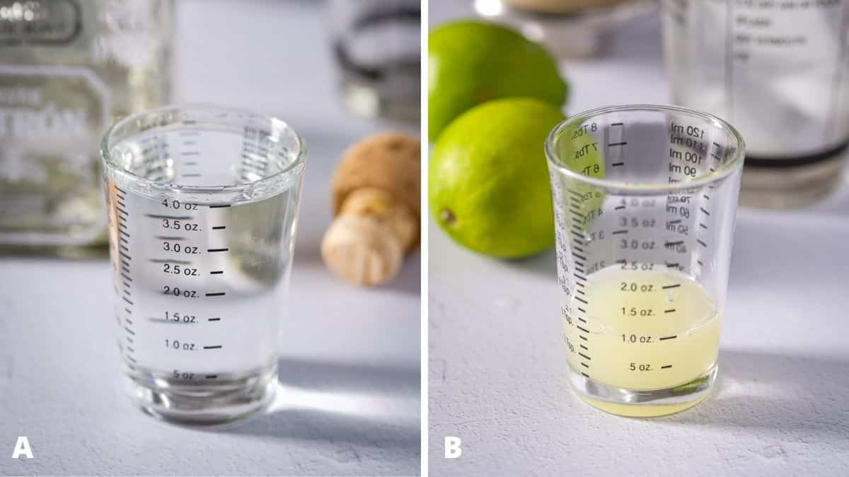 Left - tequila measured with the bottle and cork. Right - lime juice measured with two limes and the shaker