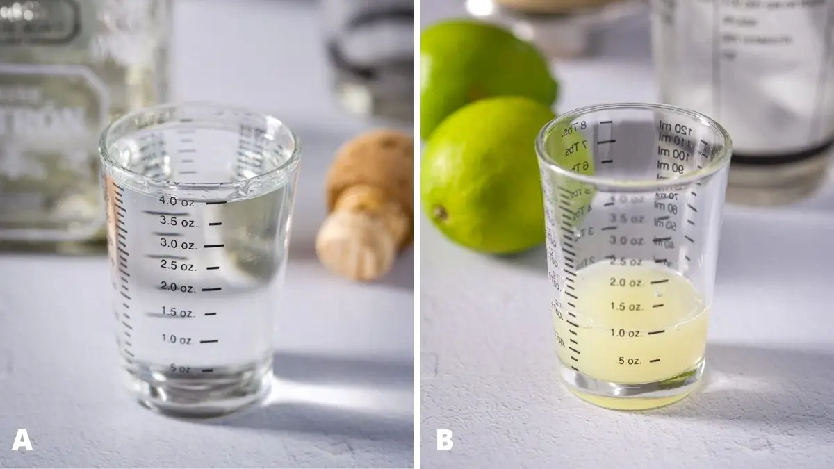 Left - tequila measured with the bottle and cork. Right - lime juice measured with two limes and the shaker