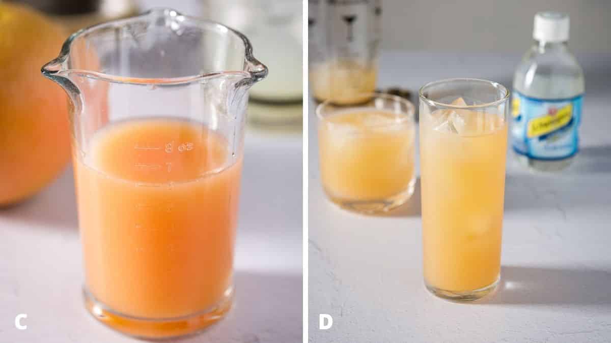 Left - grapefruit juice in a large measuring glass. Right - grapefruit cocktail poured into the glasses with club soda in the background