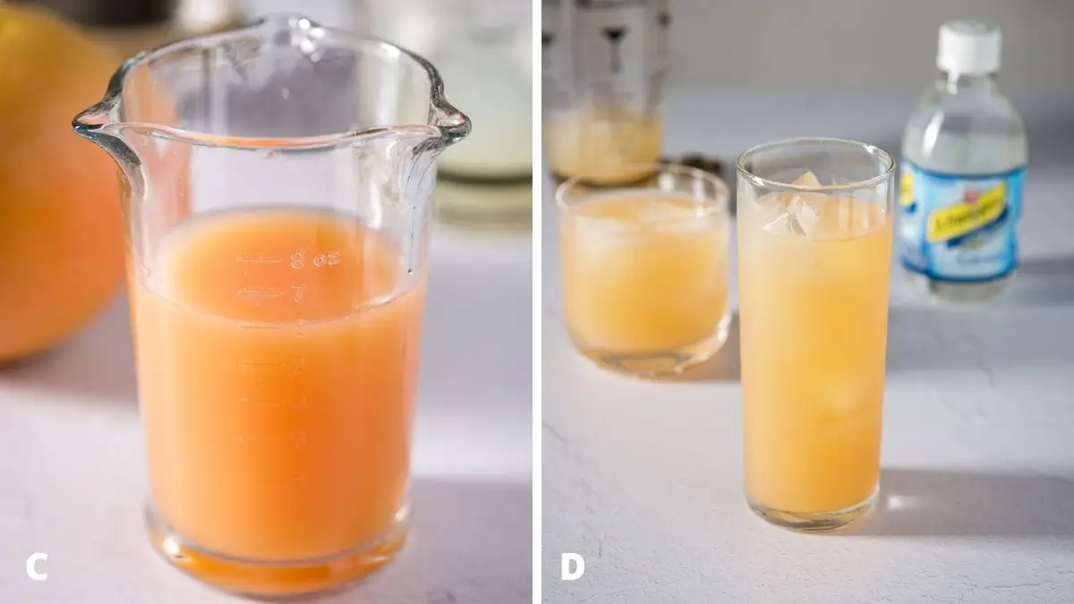 Left - grapefruit juice in a large measuring glass. Right - grapefruit cocktail poured into the glasses with club soda in the background