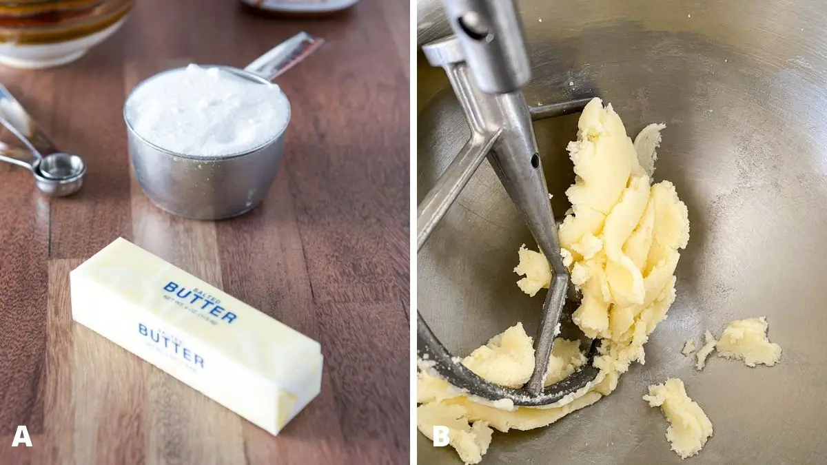 Left - butter and sugar on a table. Right - a mixer container with butter and sugar mixed on the paddle