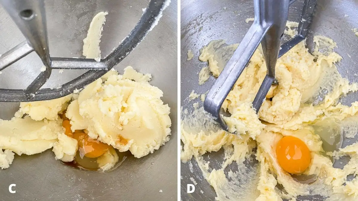 Left - egg and vanilla added to the mixer. Right - the batter mixed and another egg added