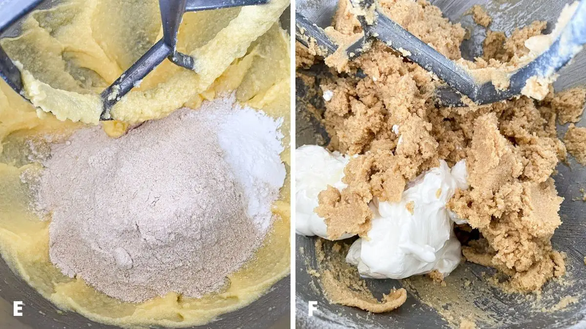 Left - A mixer container with the dry ingredients added to the wet ingredients. Right - the batter mixed with yogurt added to the mixer