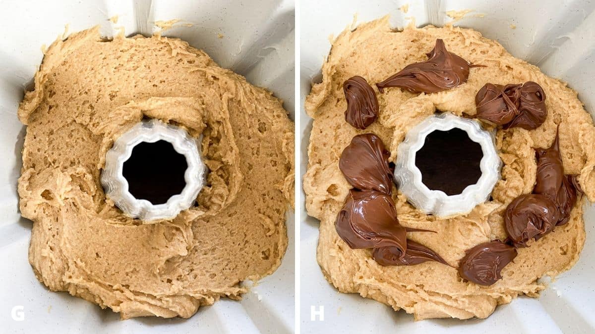 Left - a bundt pan with the cake batter in it. Right - nutella added to the batter