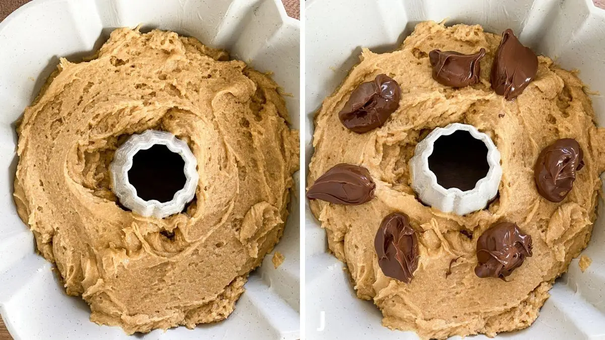 Left - batter added to the layer of nutella. Right - more nutella on top