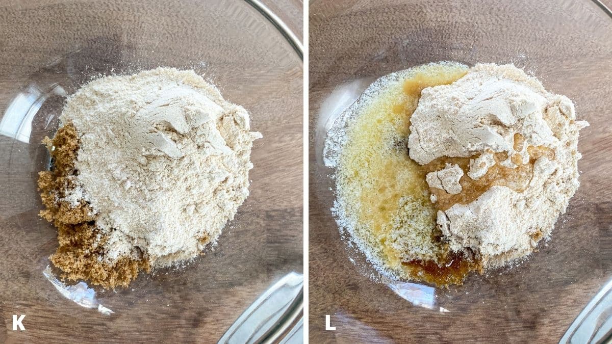 Left - a glass bowl with sugar and flour. Right - melted butter added to the sugar and flour