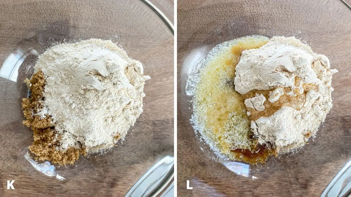 Left - a glass bowl with sugar and flour. Right - melted butter added to the sugar and flour
