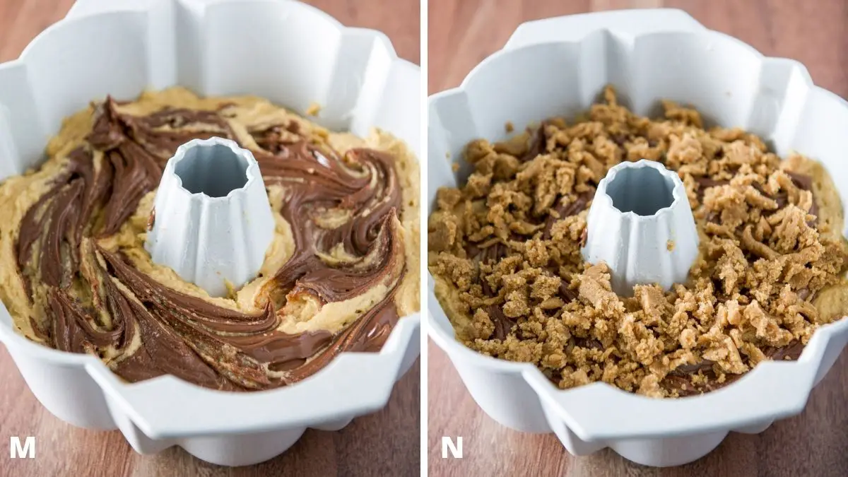 Left - Nutella swirled in the cake batter. Right - crumble on the batter in the bundt pan