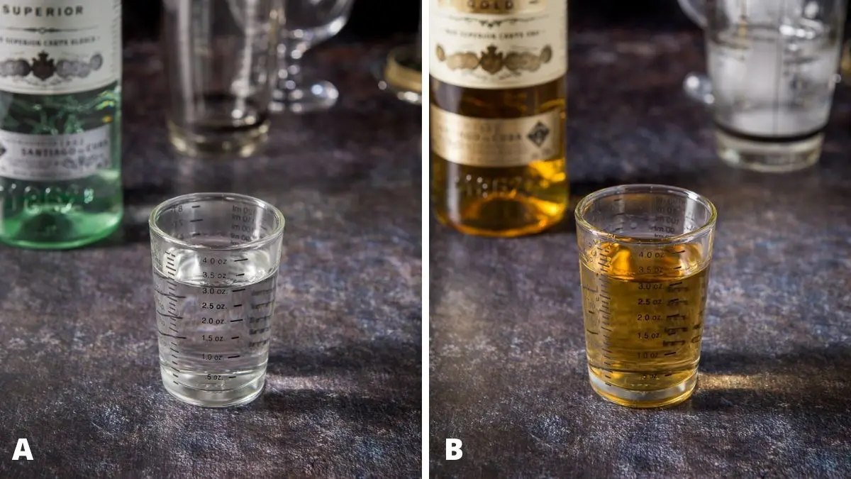 Left - rum measured out with the bottle and shaker in back. Right - gold rum measured with the bottle and shaker