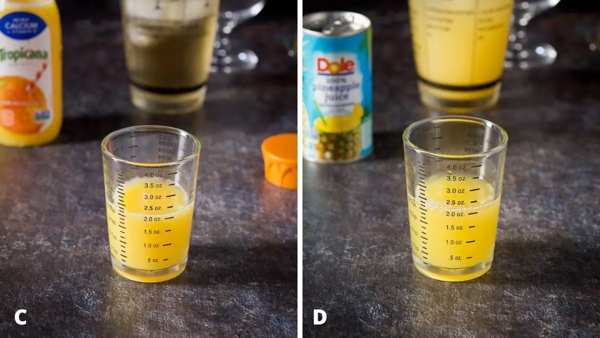 Left - orange juice measured with the shaker and bottle of juice in the back. Right - pineapple juice measured with the small can and filling shaker in the back