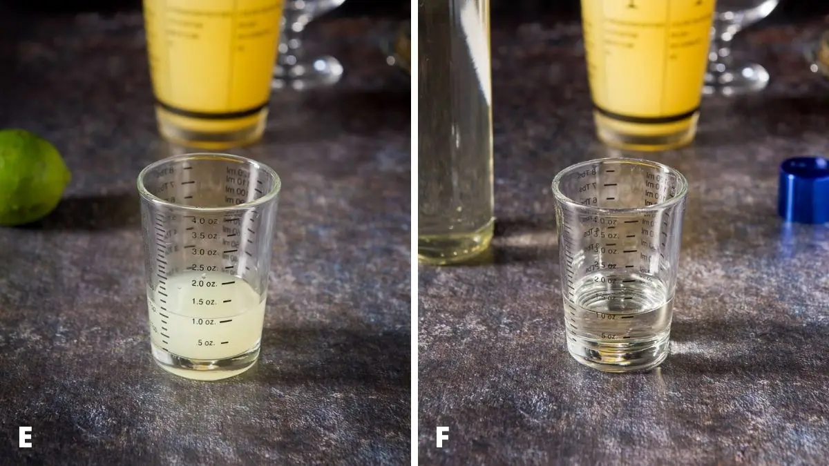 Left - Lemon juice measured with a lime, shaker and glass. Right - simple syrup measured with the bottle, blue cap and bottle