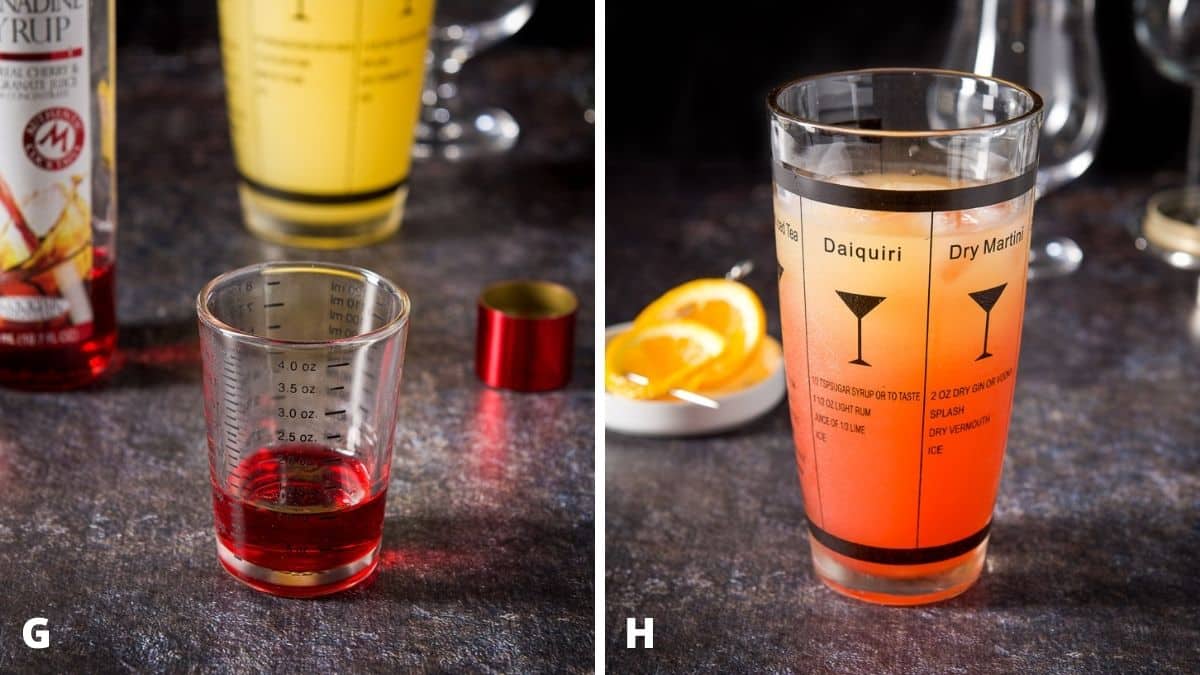 Left - grenadine measured with the bottle, cap and shaker. Right - cocktail shaker filled with the cocktail with the orange slices in the back