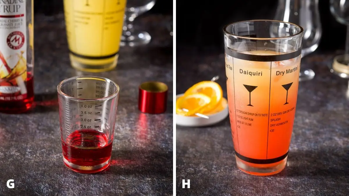 Left - grenadine measured with the bottle, cap and shaker. Right - cocktail shaker filled with the cocktail with the orange slices in the back