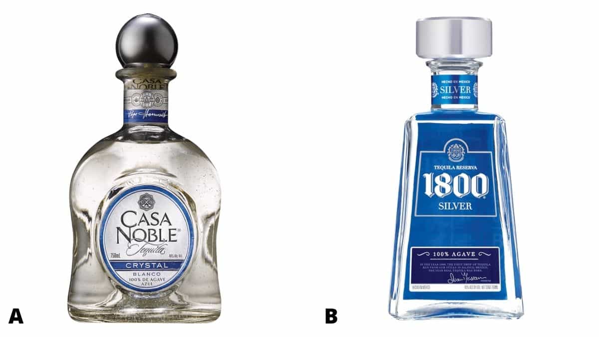 Bottles of casa noble and 1800 silver tequila