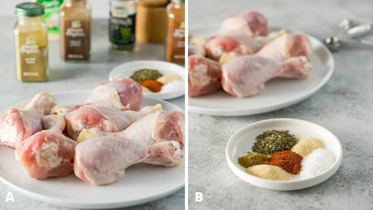 Left - raw chicken on a plate with herbs and spices in the back. Right - a little round plate with the herbs and spices