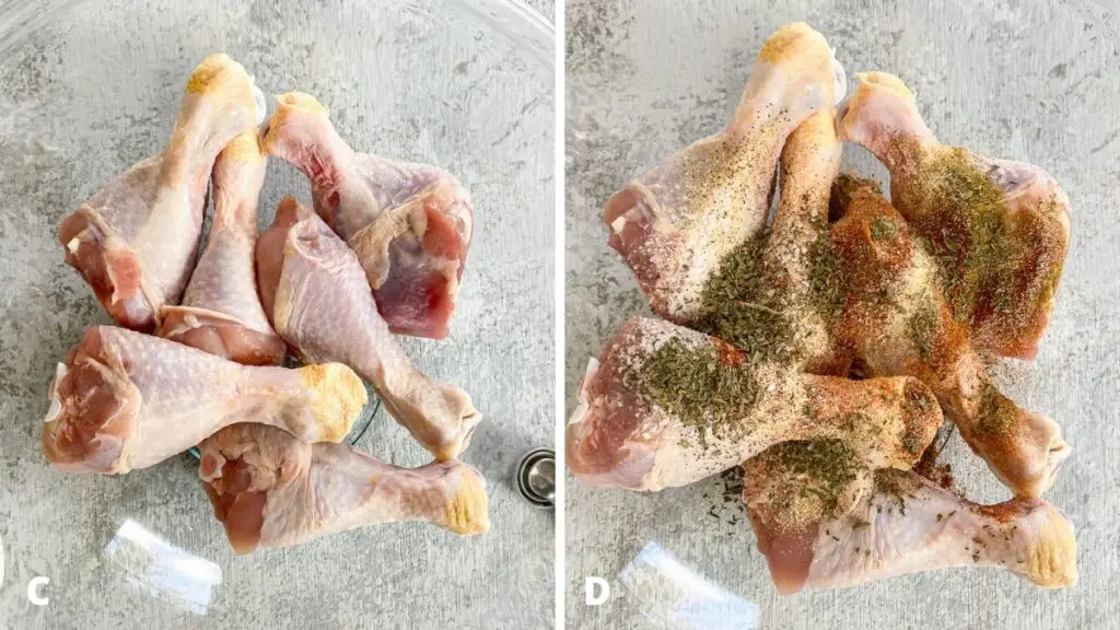 Left - overhead view of raw chicken in the bowl. Right - herbs and spices added to the bowl of chicken