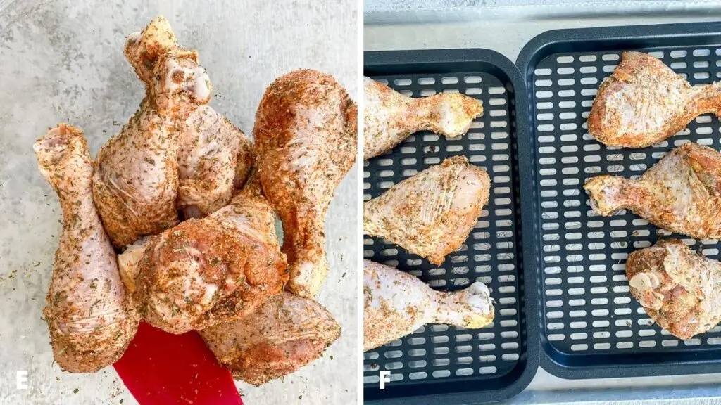 Left - the herbs and spices mixed with the chicken. Right - herbed chicken on two trays