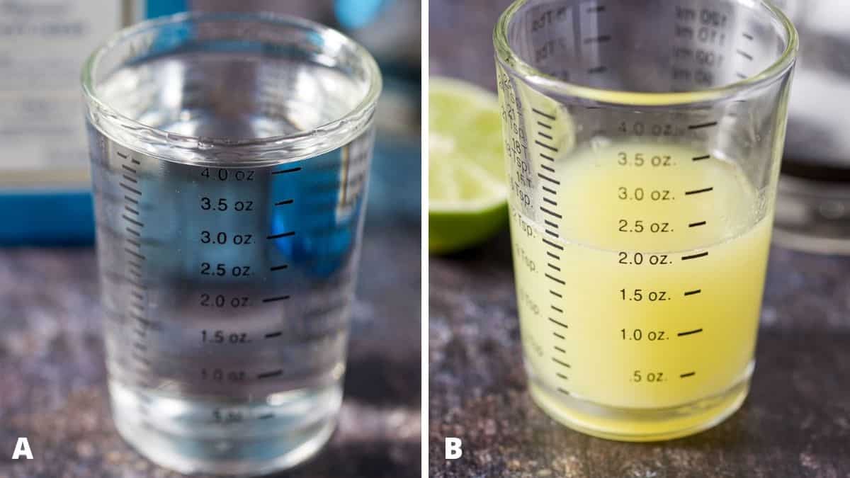 Gin and lime measured out with the bottle, fruit and shaker in the background