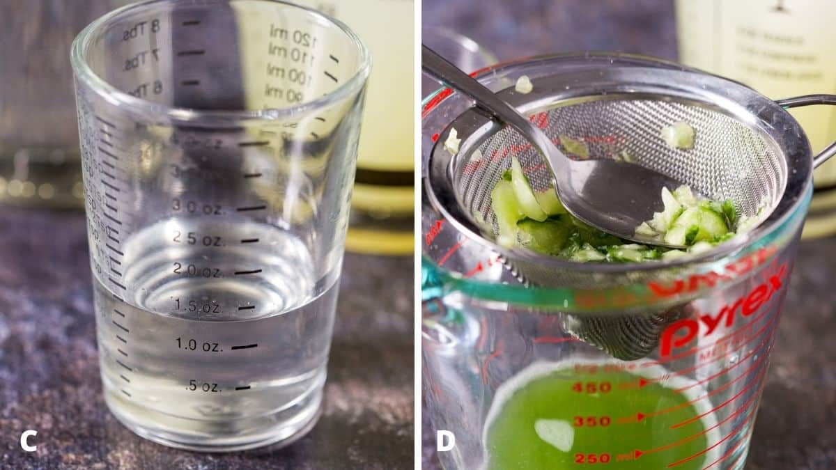 Simple syrup measured and a strainer over a measuring cup with cucumber and a spoon in it