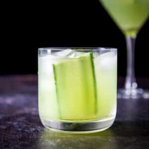 head on view of a double old fashioned glass filled with the gimlet and the martini glass in the back