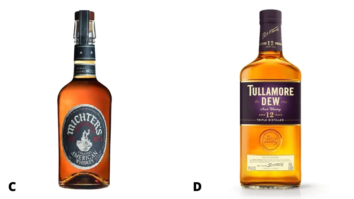 Michter's and Tullamore Dew whiskey bottles