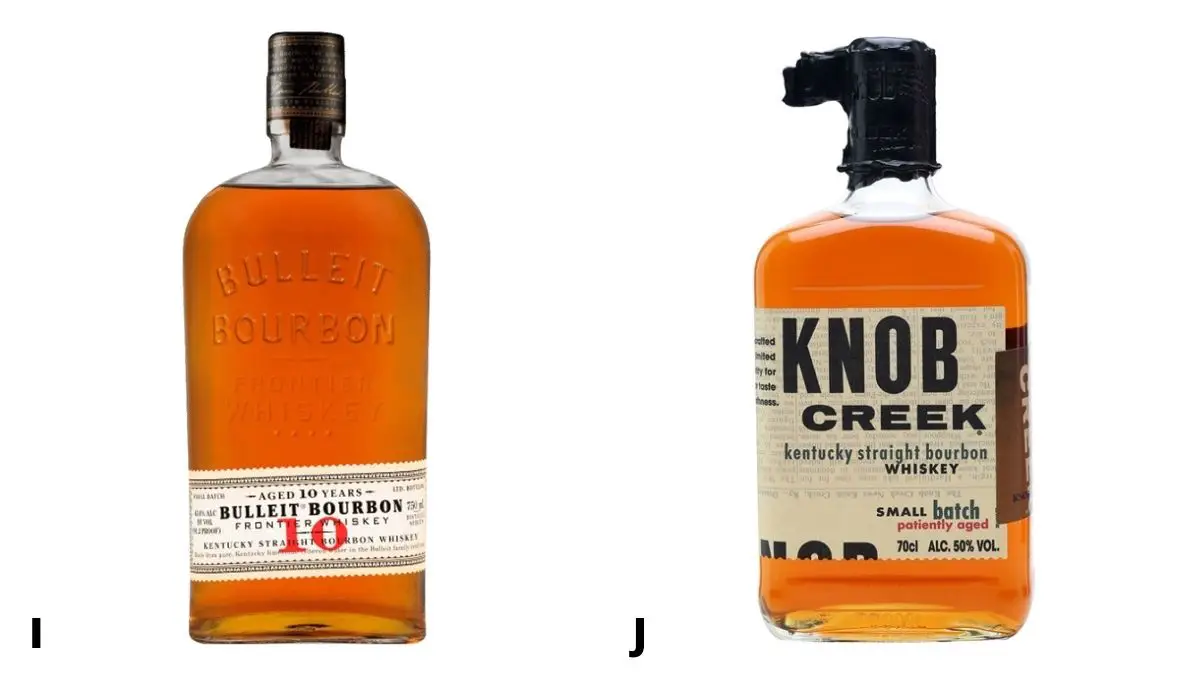 Bottles of Bulleit and Knob Creek bourbon