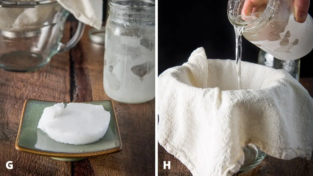 Left - coconut oil solid on a plate with rum in back. Right - a sieve with cheesecloth with a male pouring rum into the sieve