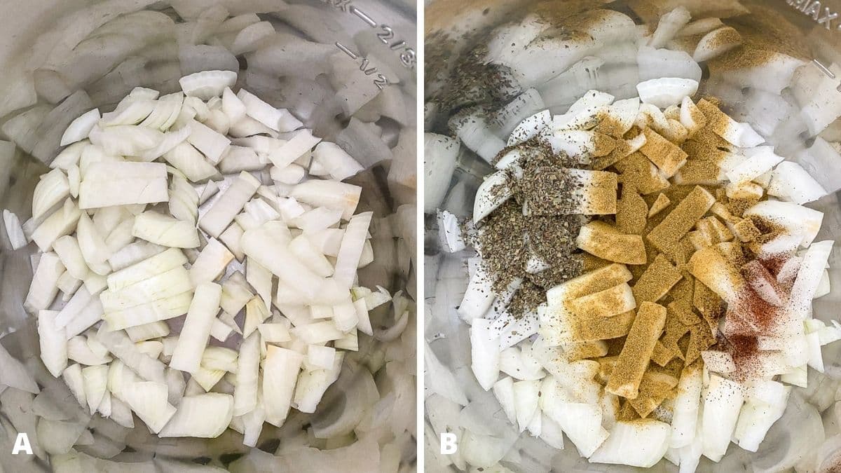 Overhead views of onions in a pot and herbs and spices on top