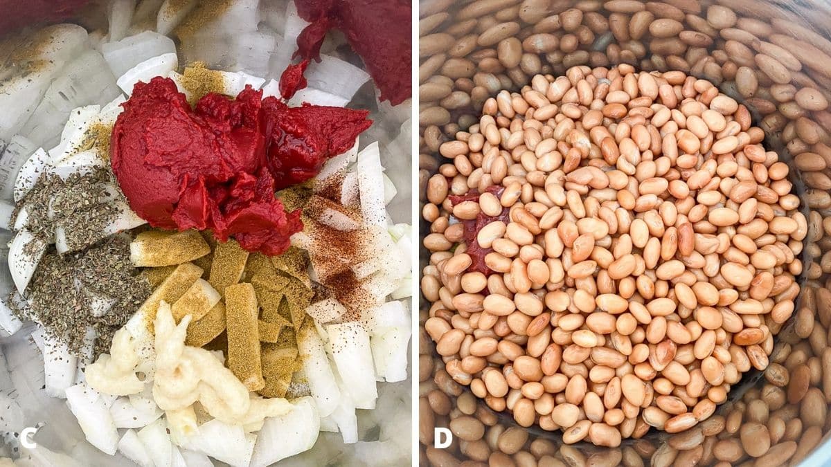 Left - tomato paste added to the onions. Right - pinto beans added to the pot