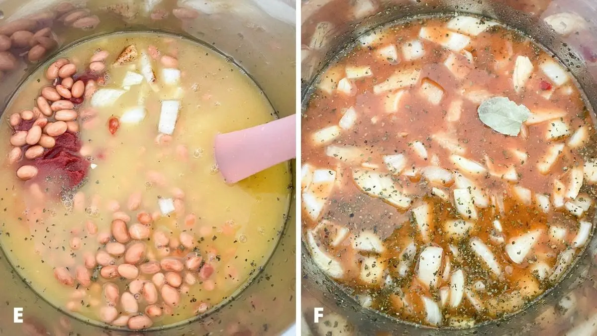 Left - Chicken broth added to the pot. Right - the posole stirred and a bay leaf on top