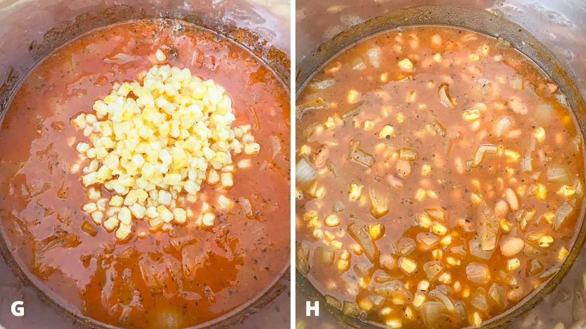 Left - the soup done with hominy added. Right - the hominy stirred together in the soup