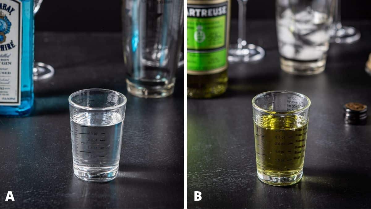 Gin and Chartreuse measured out with the bottles and shaker in the back
