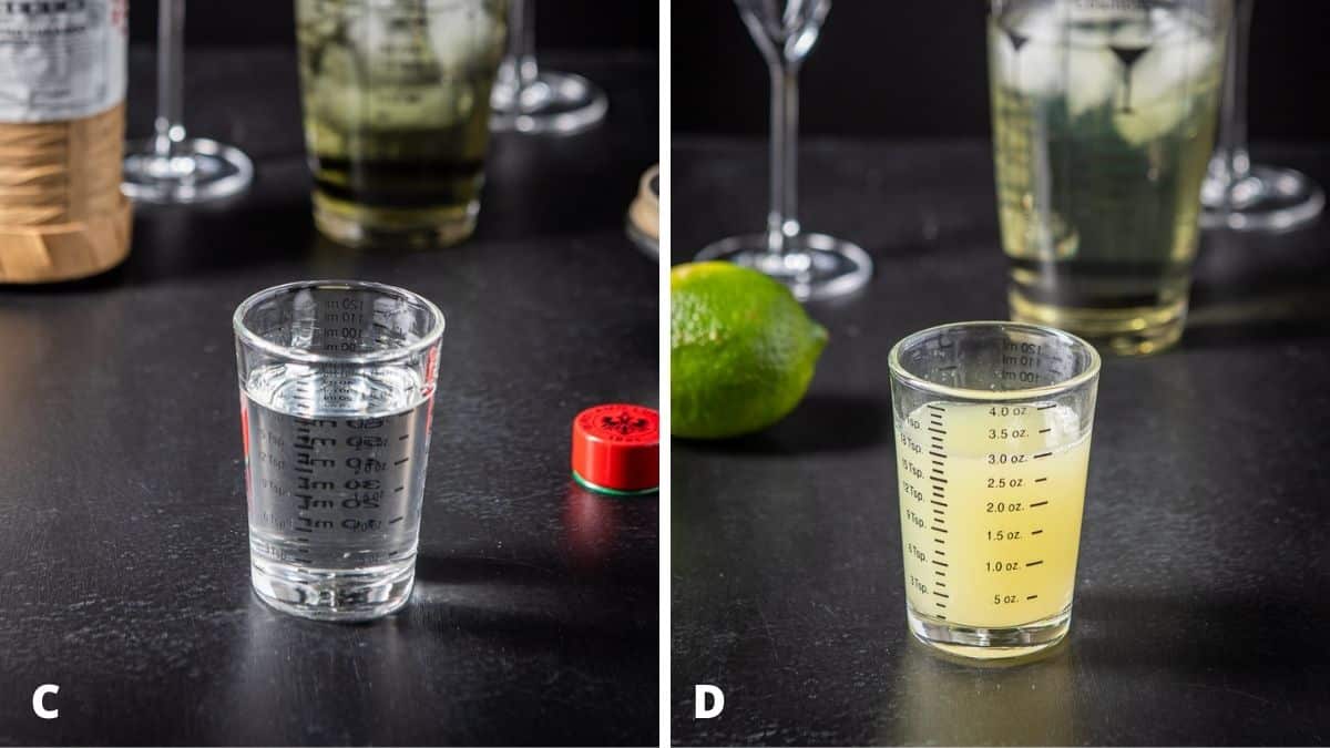 Maraschino cherry and lime juice measured with the bottle, fruit and shaker in the back
