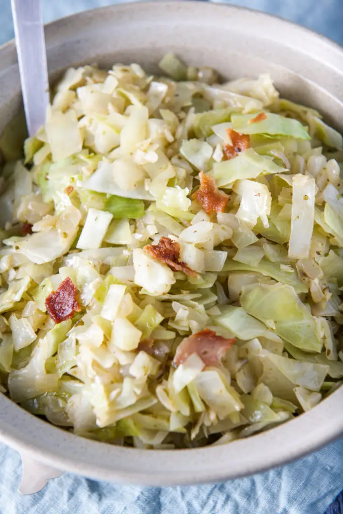 Closer view of the big bowl of cooked cabbage