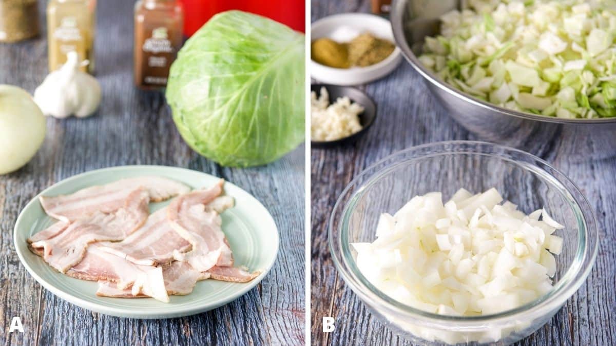 Left - green plate of raw bacon, onion, cabbage, herbs and spices and garlic. Right - onion chopped in a bowl with garlic, and chopped cabbage