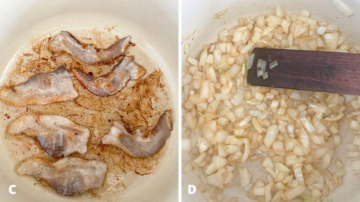 Left - bacon partially fried. Right - chopped onion sautéed
