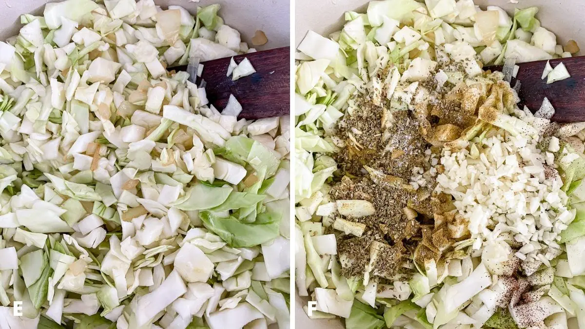 Left - cabbage added to the pan and mixed with the onion. Right - garlic and herbs and spices added to the cabbage