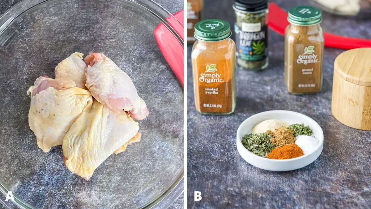 Left - glass bowl with raw chicken thighs. Right - herbs and spices in a white dish with the bottles in the back