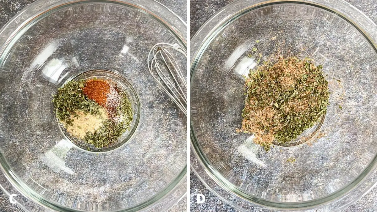 Left - glass bowl with the herbs and spices added. Right - herbs and spices mixed together
