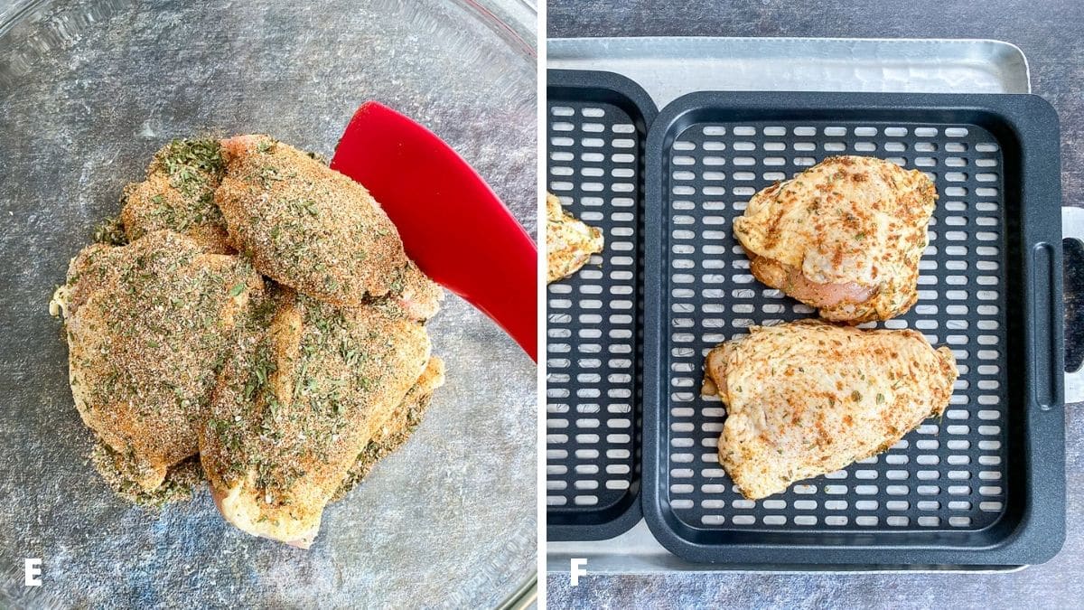 Left - herbs and spices added to the chicken thighs. Right - trays with the coated chicken on them