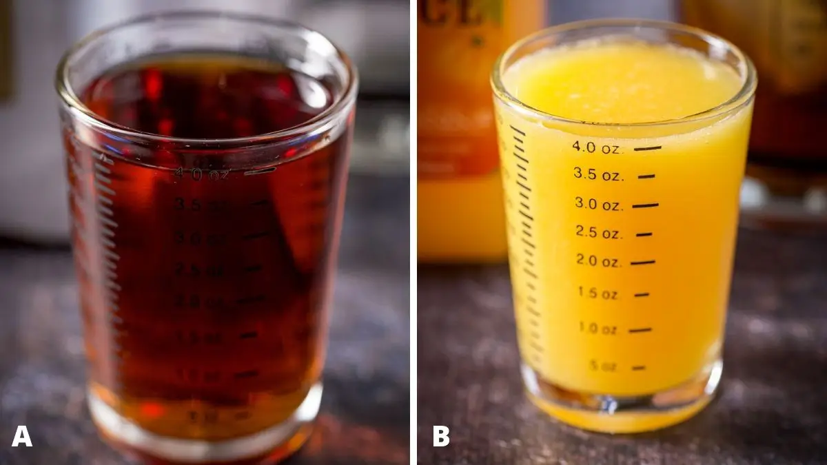 Amaretto and orange juice measured out