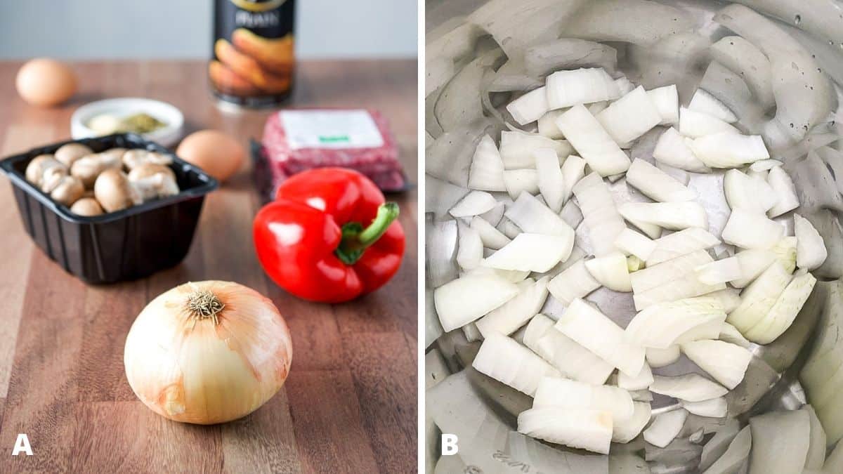 Left - onion, bell pepper, mushrooms, ground beef and other ingredients. Right - chopped onions in the pan