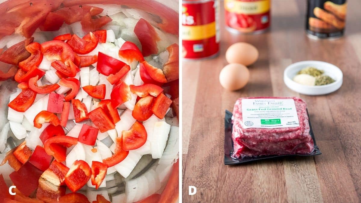 Left - chopped red bell pepper in the pan. Right - ground beef, herbs and spices, eggs, tomatoes and bread crumbs