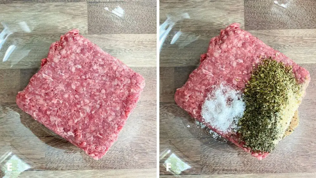 Left - ground beef in a glass bowl. Right, herbs, spices and salt on the meat