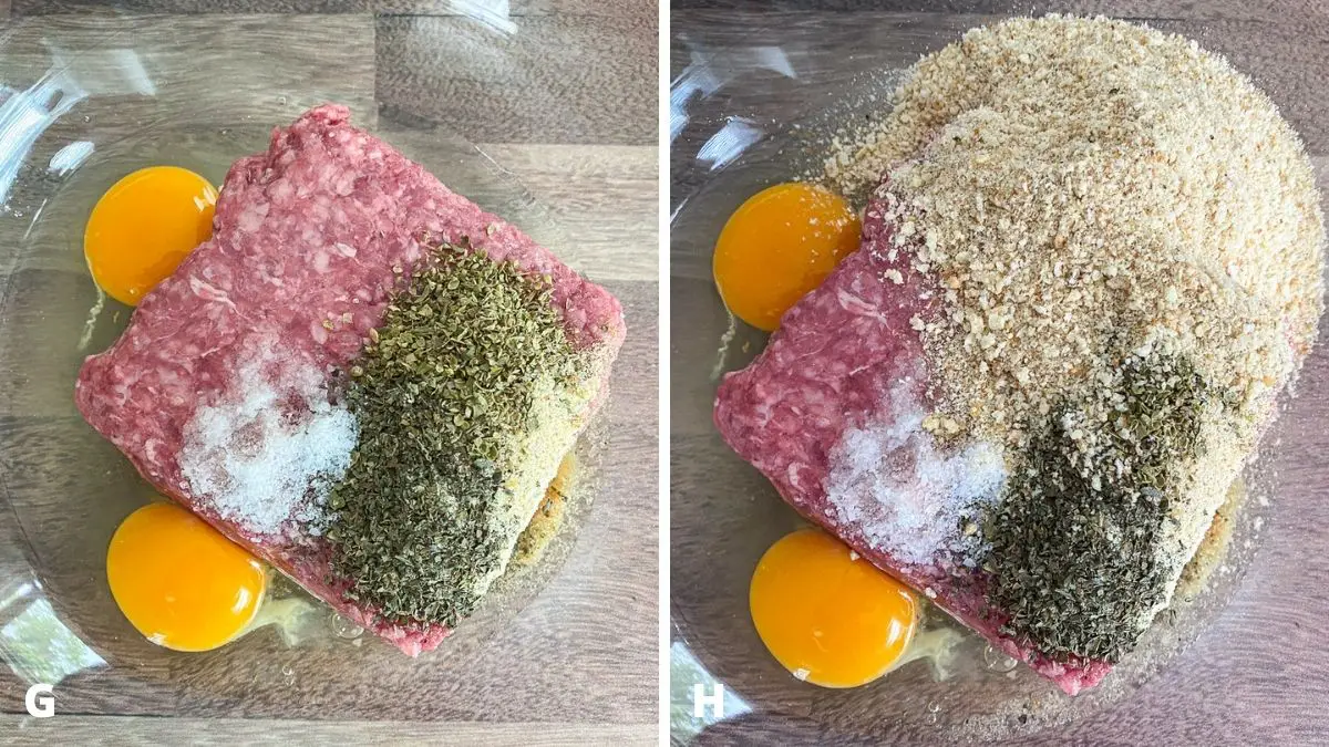 Left - two eggs added to the meat. Right - bread crumbs added to the meat.