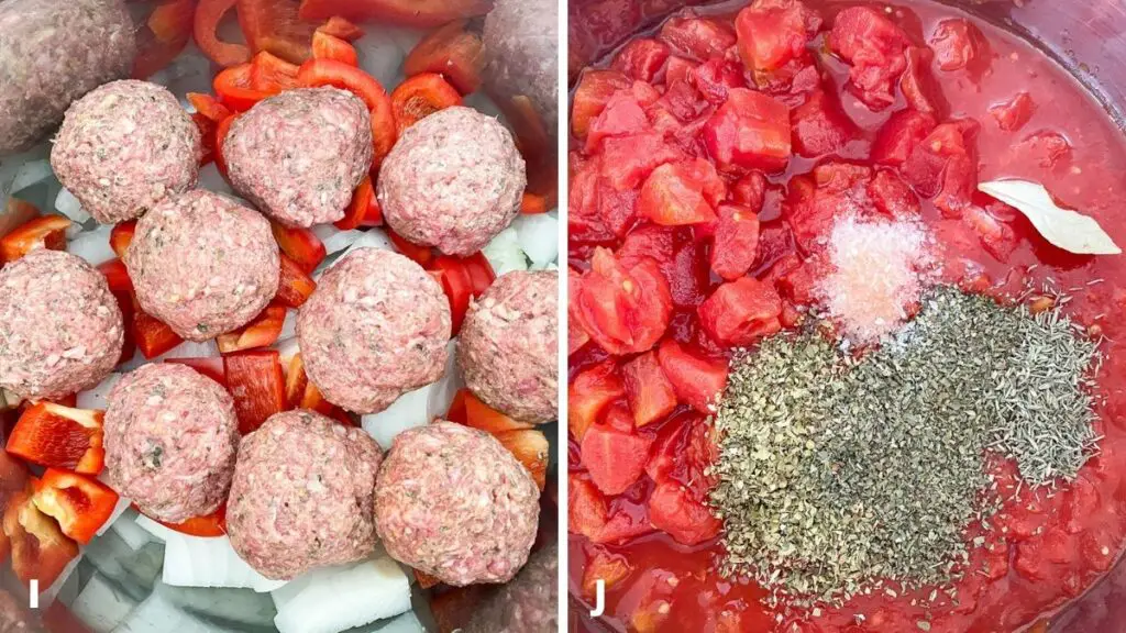 Left - meatballs rolled and put in the pan. Right - tomatoes and the herbs and spices added to the tomatoes