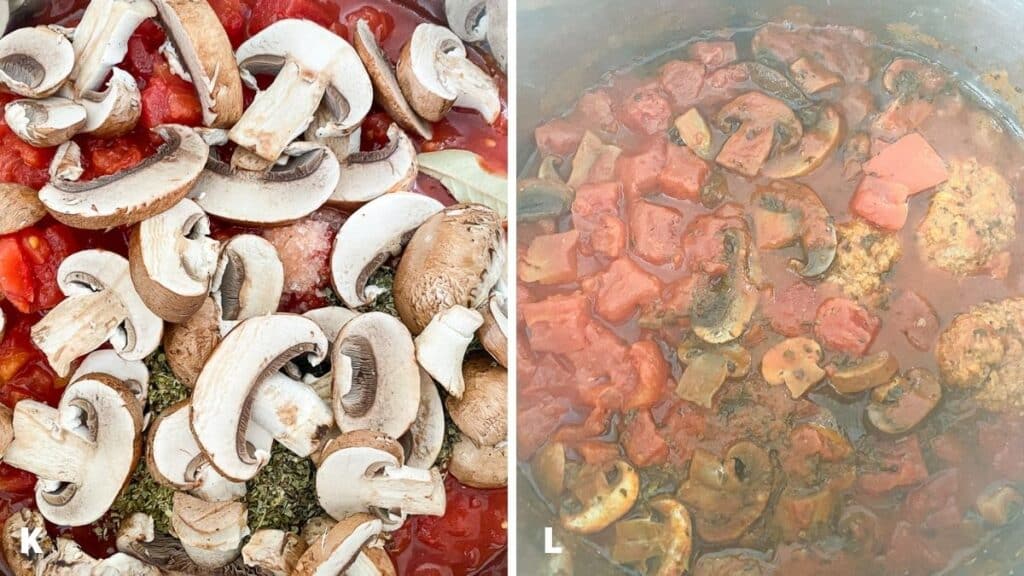 Right - mushrooms added to the container. Right - the sauce and meatballs done